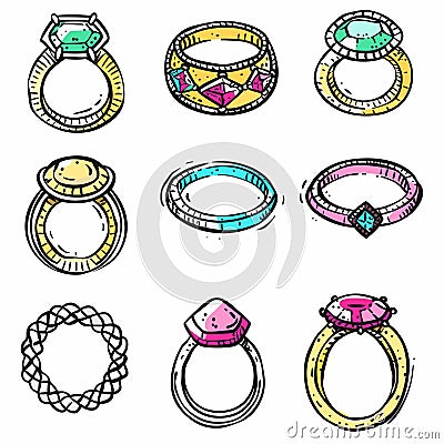 Assorted handdrawn engagement rings colorful sketch collection. Precious gemstones, diamonds Vector Illustration