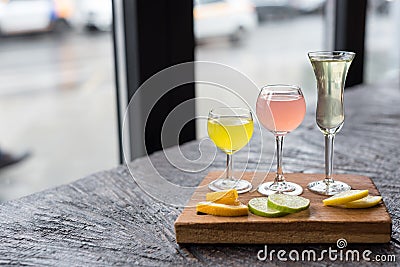 Assorted Homemade Citrus Liqueurs Limoncello Served with Orange, Lime and Lemon Slices Stock Photo