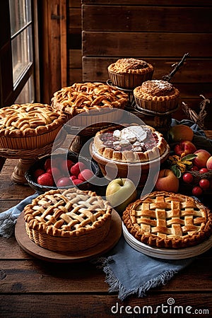 assorted homemade thanksgiving pies on a wooden table Stock Photo