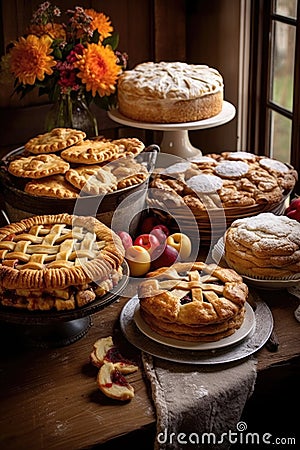 assorted homemade thanksgiving pies on a wooden table Stock Photo