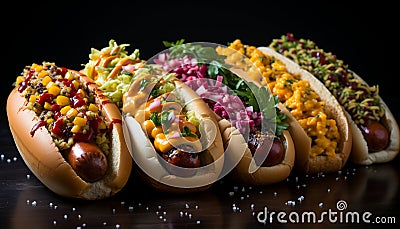 Assorted hot dogs with various toppings on a black tray Stock Photo