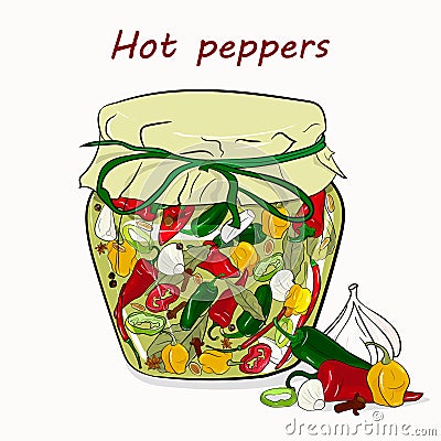 Assorted hot peppers in a glass jar Vector Illustration