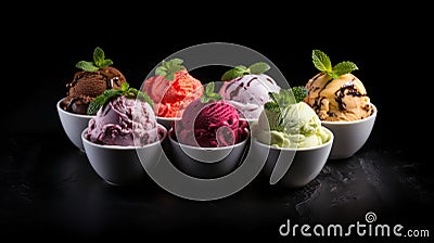 Assorted Ice Cream Flavors On Dark Stone Background Stock Photo