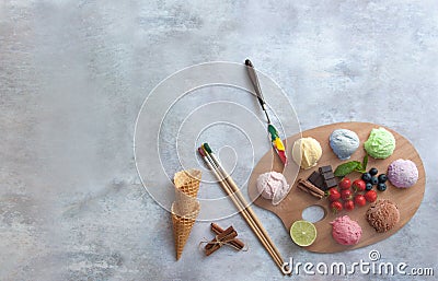 Assorted ice cream scoops, painters palette concept Stock Photo