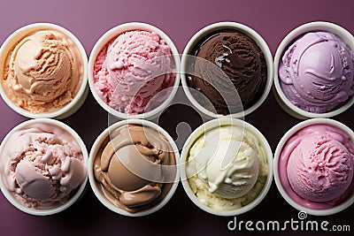 Assorted of ice cream scoops. Set of ice yogurt scoops of different flavours. Stock Photo
