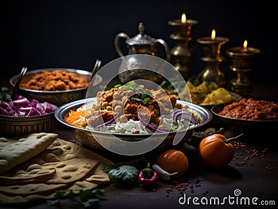 Assorted indian food on black background. Indian cuisine. Assortment of food. Salad, avocado, quail, mushrooms, pumpkin. Bowl with Stock Photo