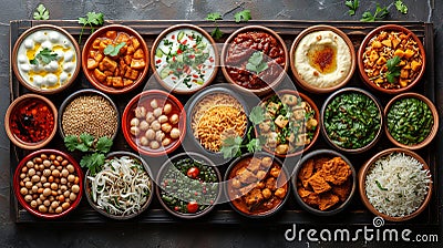 Assorted Indian food in bowl or plate includes Chicken Tikka Masala, Dal Makhana, Palak Paneer, Chickpea, Dry Fruits, Vegetables, Stock Photo