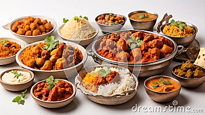 Assorted indian food items on white background Stock Photo