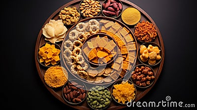 Assorted Indian snacks arranged in perfect symmetry Stock Photo