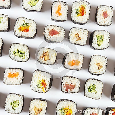 Assorted japanese sushi on white background. View from above. Stock Photo