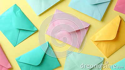 Assorted levitating colorful paper envelopes on gradient background with clean, balanced design Stock Photo