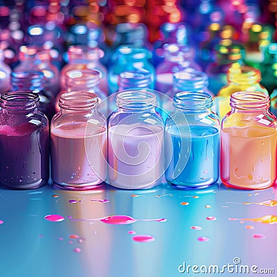 Assorted liquid filled jars arranged in a colorful and eye catching display Stock Photo