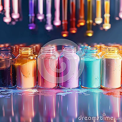 Assorted liquid filled jars arranged in a colorful and eye catching display Stock Photo