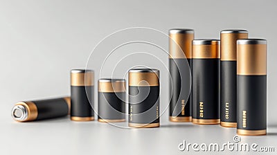 Assorted Lithium Batteries Neatly Arranged in a Row on White Background with High Detail and Minimalistic Composition Stock Photo