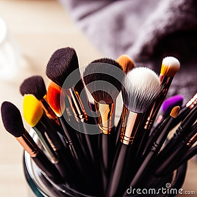 Assorted makeup brushes with copy space, beauty artist workspace, bunch of different brushes on blurred background Stock Photo