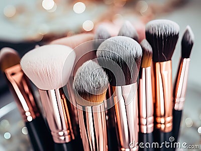 Assorted makeup brushes with copy space, beauty artist workspace, bunch of different brushes on blurred background Stock Photo