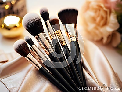 Assorted makeup brushes with copy space, beauty artist workspace, bunch of different brushes on blurred background Stock Photo