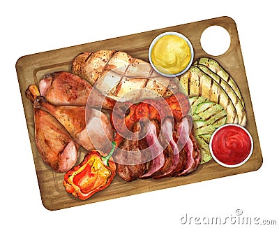Assorted meats and vegetablesl grilled. Watercolor illustration Cartoon Illustration