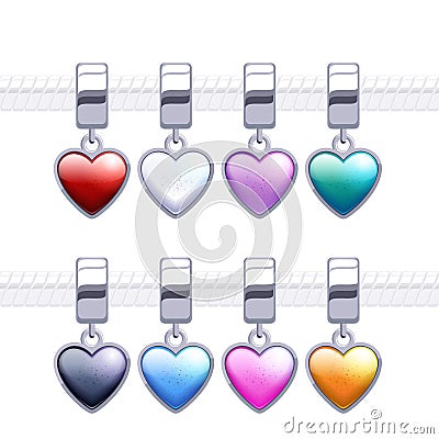 Assorted metal charm heart pendants. Vector Illustration