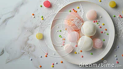 Assorted mochi ice cream on a white plate with colorful sprinkles and powdered sugar Stock Photo