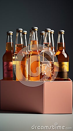 Assorted nonalcoholic drink bottles and a white paper box against a Toscha backdrop, Stock Photo
