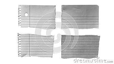 Assorted note paper pieces, each with unique size, shape, and color, are arranged individually against a white background. Stock Photo