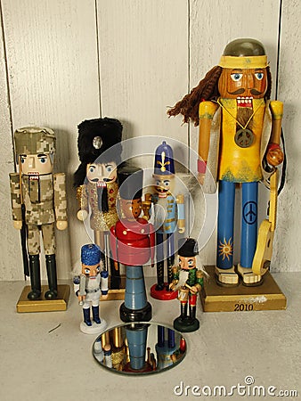 Assorted Nutcrackers, 1960s hippie, army, vintage wooden soldier, original, black fur hat, Stock Photo