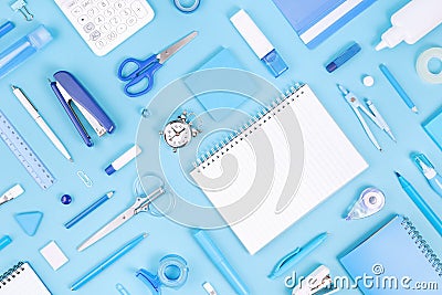 Assorted office and school white and blue stationery Stock Photo