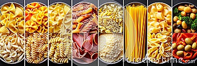 Assorted pasta products collage divided by white vertical lines in bright light environment Stock Photo