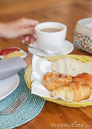 Assorted pastries, coffee and marmalade on the table Stock Photo