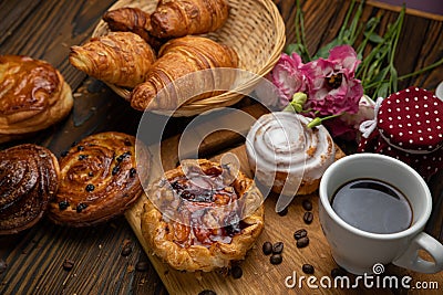 Assorted pastries, croissants, buns Stock Photo