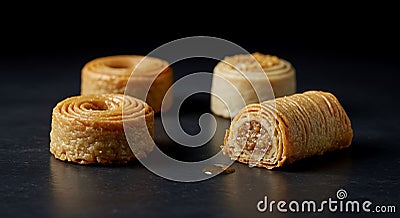 assorted pastries in elegant display against dark background - generated using ai Stock Photo