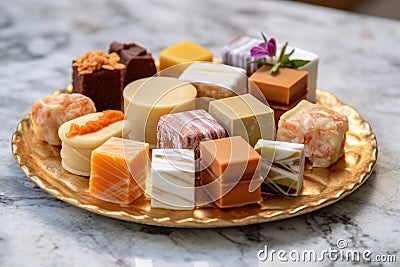 assorted petit fours on a stylish marble tray Stock Photo