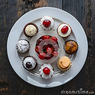 Assorted petite desserts presented on white plate, adorned with cherries Stock Photo