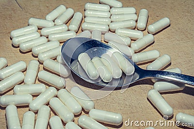 Assorted pharmaceutical medicine pills. Medicine and healthcare concept. Vintage style Stock Photo