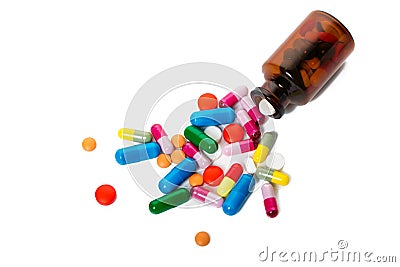Assorted pharmaceutical medicine pills, tablets and capsules over black background Stock Photo