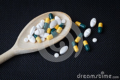 Assorted pharmaceutical medicine pills, tablets and capsules Stock Photo