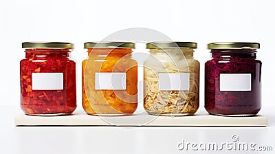 Assorted pickled or fermented vegetables in jars on white, sealed and stored Stock Photo