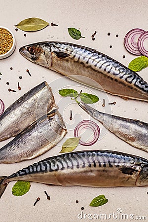 Assorted pickled whole fish. Norwegian herring Stock Photo