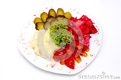 Assorted pickles and pickled vegetables served on Stock Photo