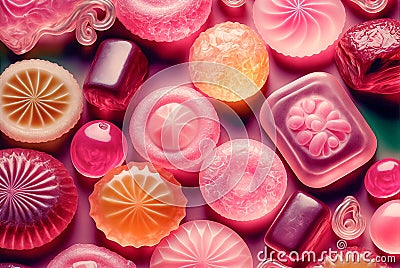 Assorted pink gummy candies. Jelly sweets. Generative AI Stock Photo