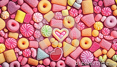 Assorted pink and yellow gummy candies. Jelly sweets. Generative AI Stock Photo