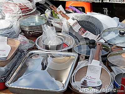 Assorted Pots and Pans at Open Air Street Market Stall Editorial Stock Photo