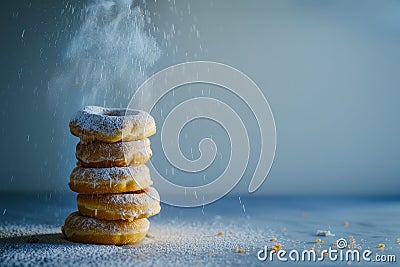 Assorted powdered donuts stack with minimalist background highlighting shape and color palette Stock Photo