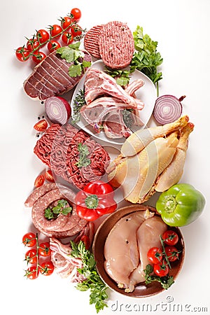 Minced beef, beef, chicken, lamb chop, roast beef, sausage Stock Photo