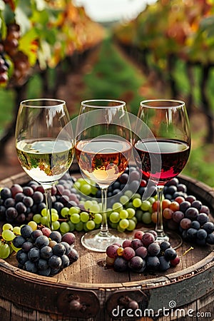 Assorted red, white, and rose wines tastefully arranged on wooden barrel in scenic vineyard backdrop Stock Photo