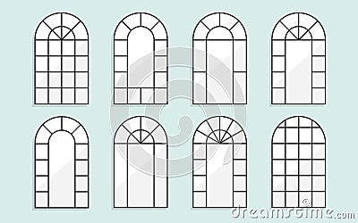 Assorted round arched shape wall mirrors and window black frames home decoration objects with reflection and drop shadow on blue Vector Illustration