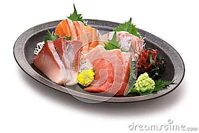 assorted sashimi tuna(medium fatty), salmon, yellowtail, and sea bream. authentic Japanese dining Stock Photo