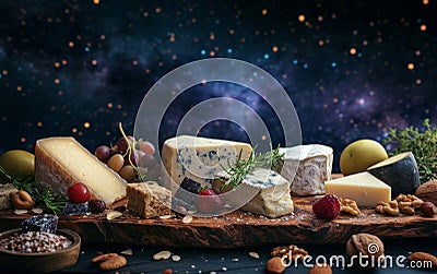 An assorted selection of fine cheeses and fruits against a cosmic backdrop, suggesting a fusion of culinary and astral Stock Photo