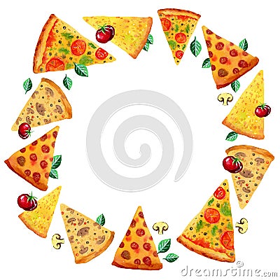 Assorted slices of pizza with tomatoes and leves in round frame. Hand drawn watercolor set for posters and cards Stock Photo